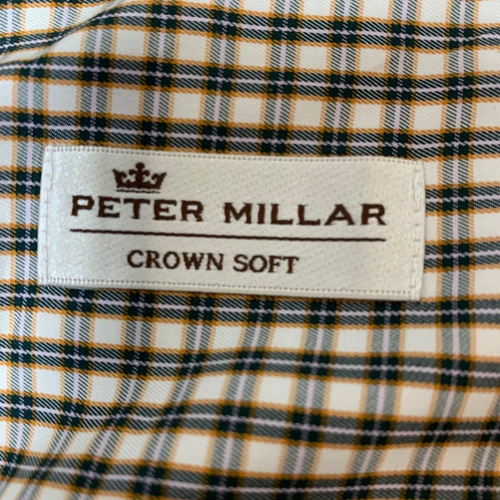 Peter Millar Crown Soft Shirt Mens Medium Brown Plaid Silk Blend Excellent LS